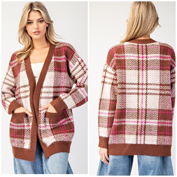 ee:some Cozy Chic Brown Plaid Cardigan - Picture 3 of 15